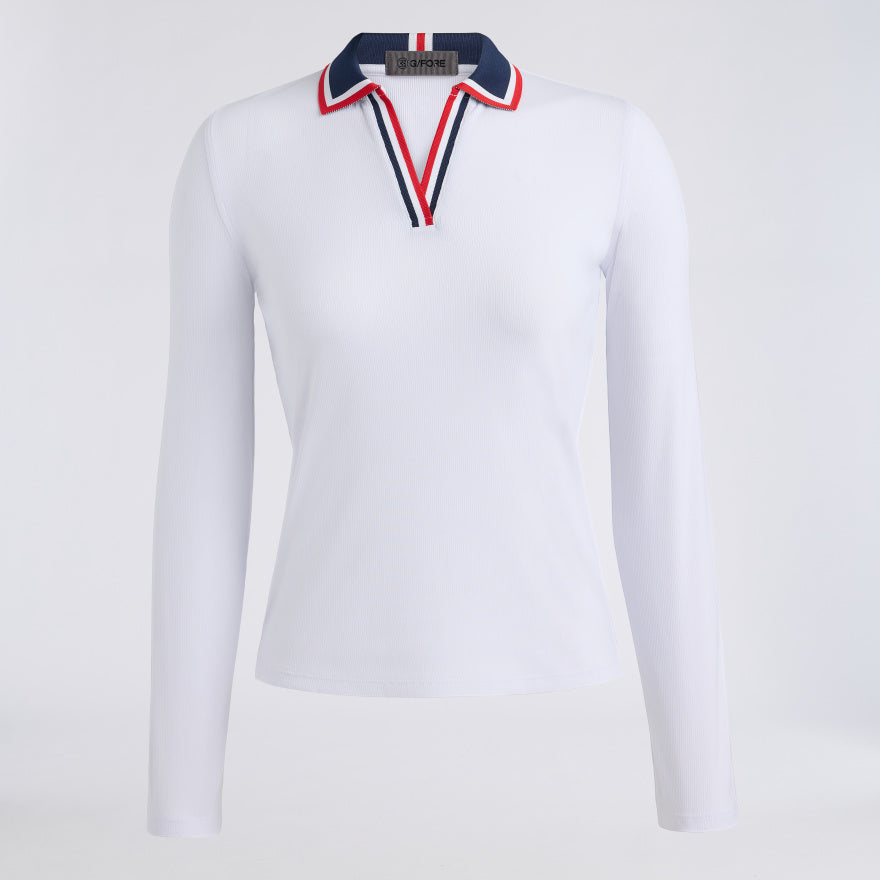 CONTRAST JOHNNY COLLAR TECH NYLON RIB LONG SLEEVE POLO - US 5156