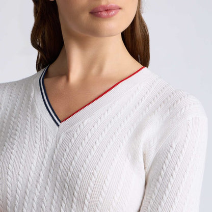 CABLE KNIT COTTON CASHMERE V NECK SWEATER - US 8119