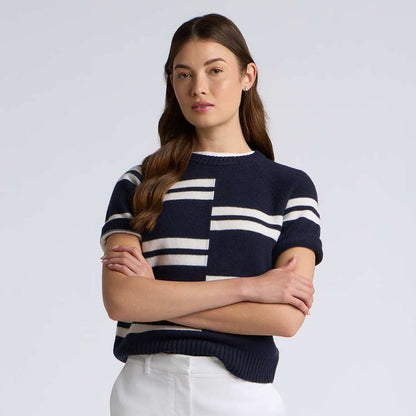 LTD RELEASE OFFSET STRIPE CASHMERE SHORT SLEEVE CREWNECK SWEATER - US 8597