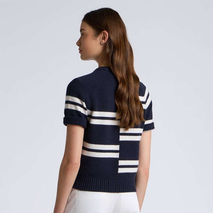 LTD RELEASE OFFSET STRIPE CASHMERE SHORT SLEEVE CREWNECK SWEATER - US 8597
